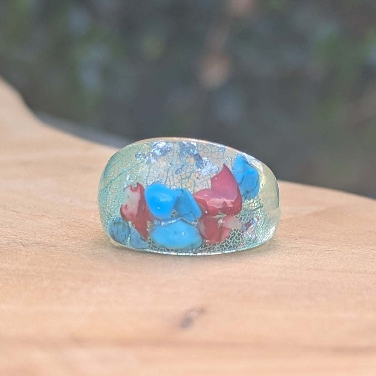 Turquoise and red coral resin ring with preserved skeleton leaf by EL-Creations
