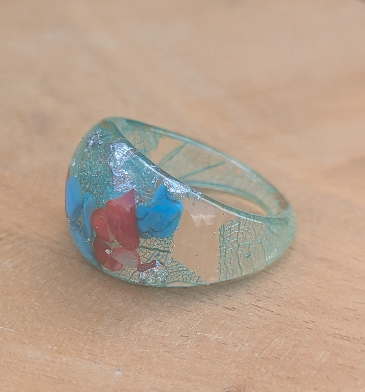 Nature inspired resin ring with turquoise coral and silver flakes by EL-Creations