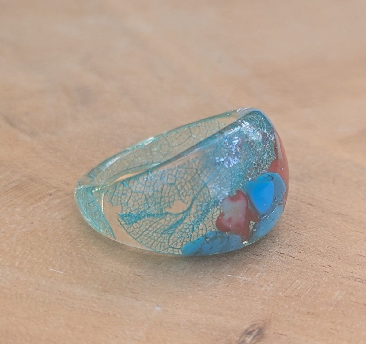 Handmade botanical jewelry with turquoise red coral and leaf by EL-Creations