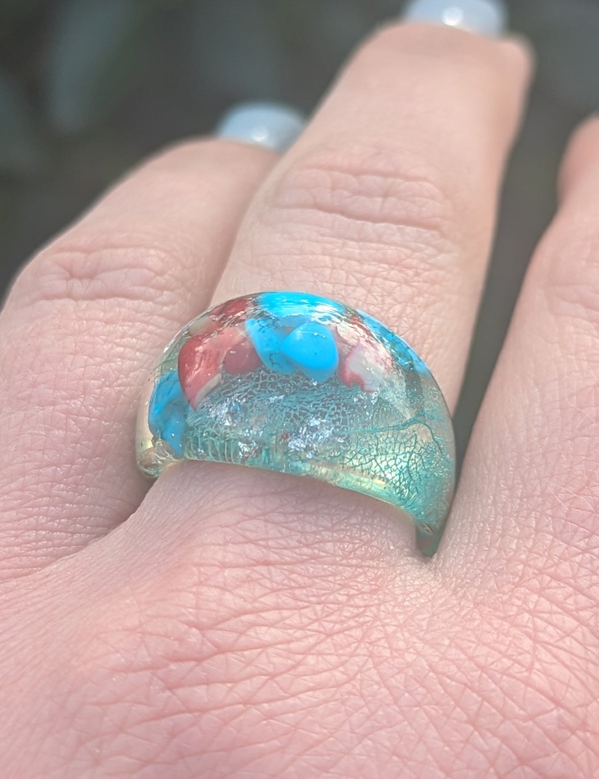 Unique resin ring with natural turquoise red coral and skeleton leaf by EL-Creations