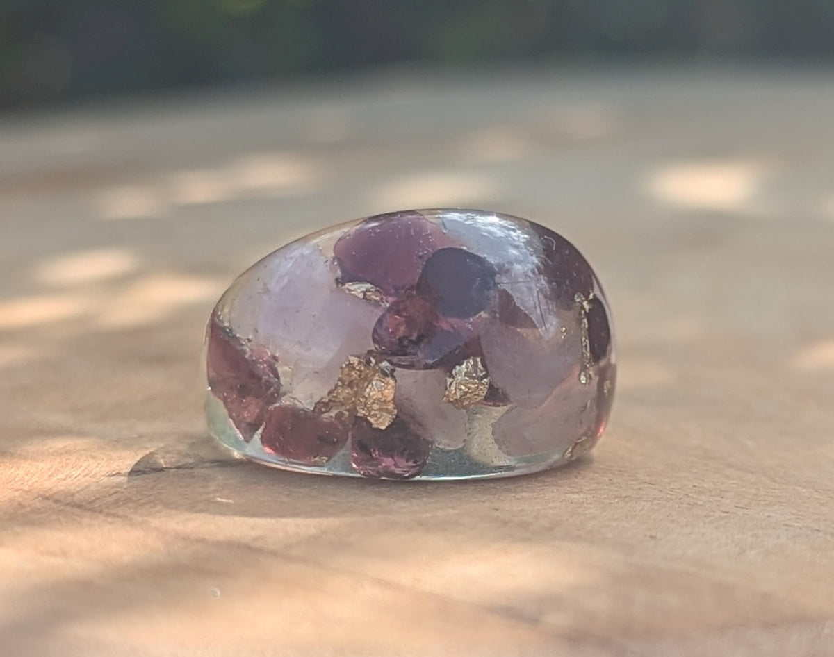 Artisan resin ring with genuine garnet and rose quartz by EL-Creations