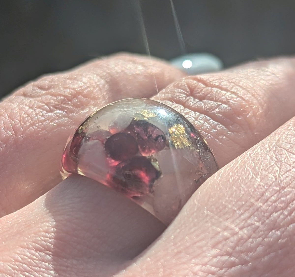 Crystal resin ring featuring real garnet and rose quartz by EL-Creations