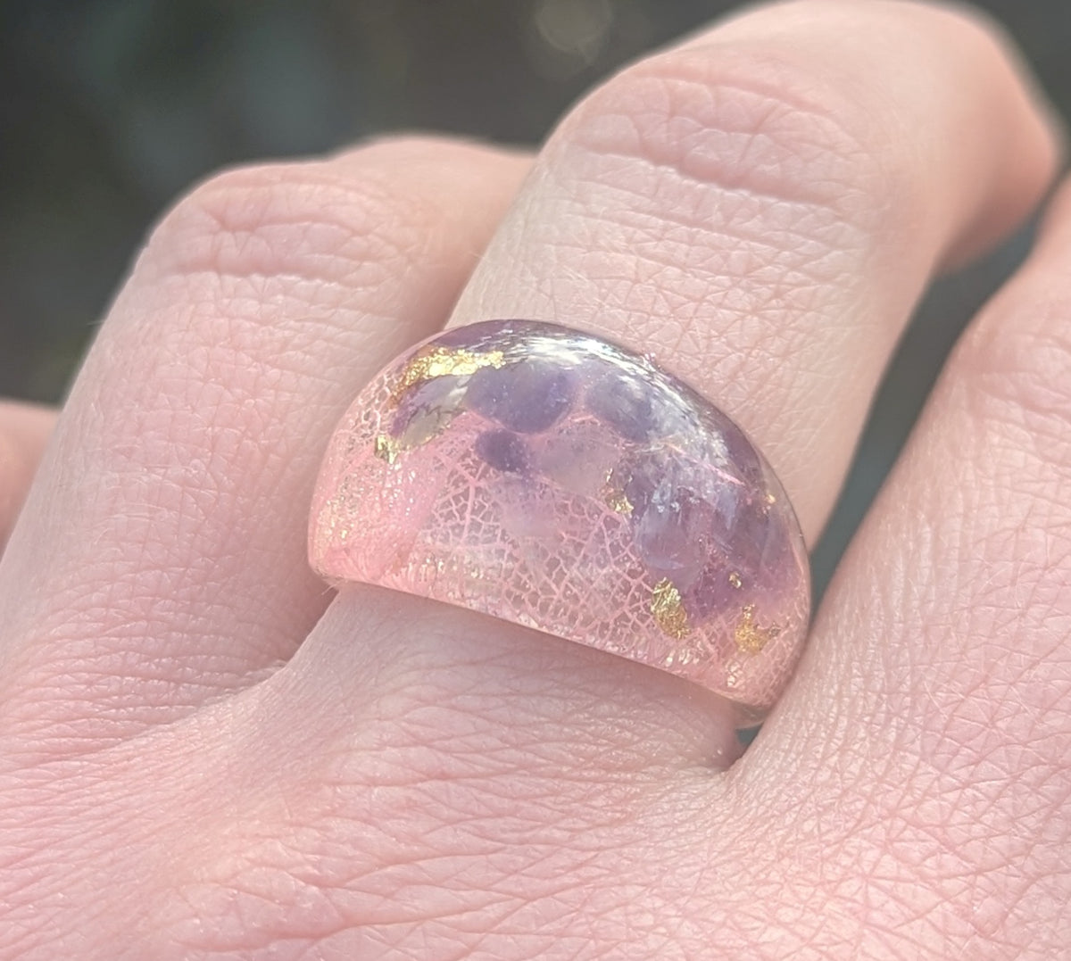 Nature inspired amethyst resin ring with botanical leaf design by EL-Creations