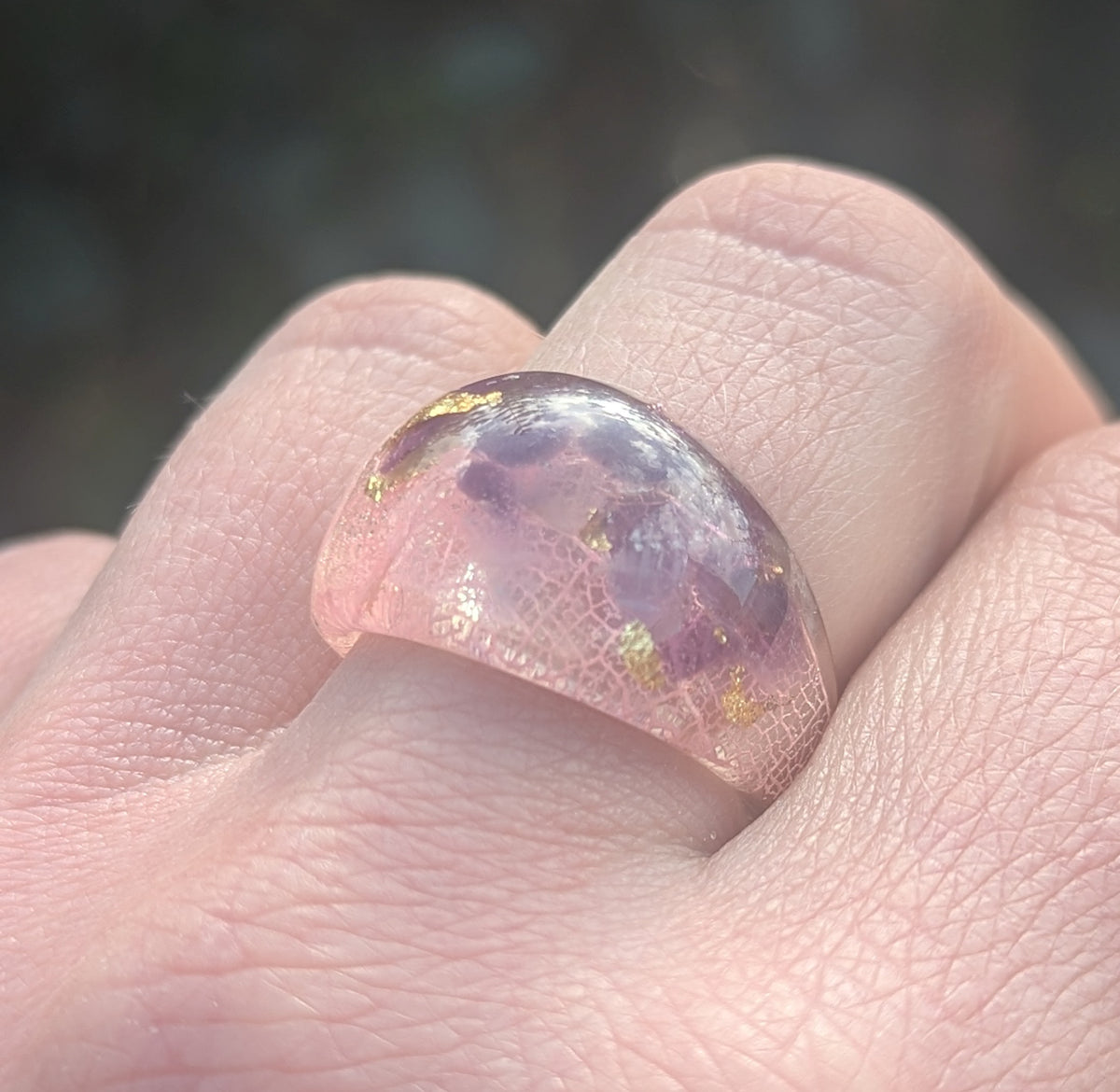 Clear resin ring with genuine amethyst preserved pink leaf and gold flakes by EL-Creations