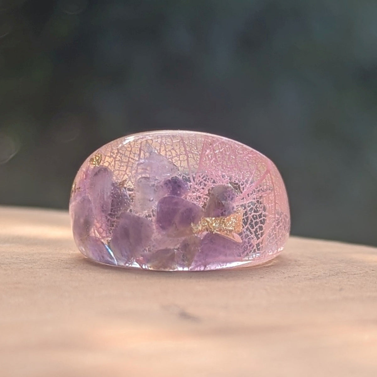 Handmade amethyst resin ring with pink leaf and gold flakes by EL-Creations