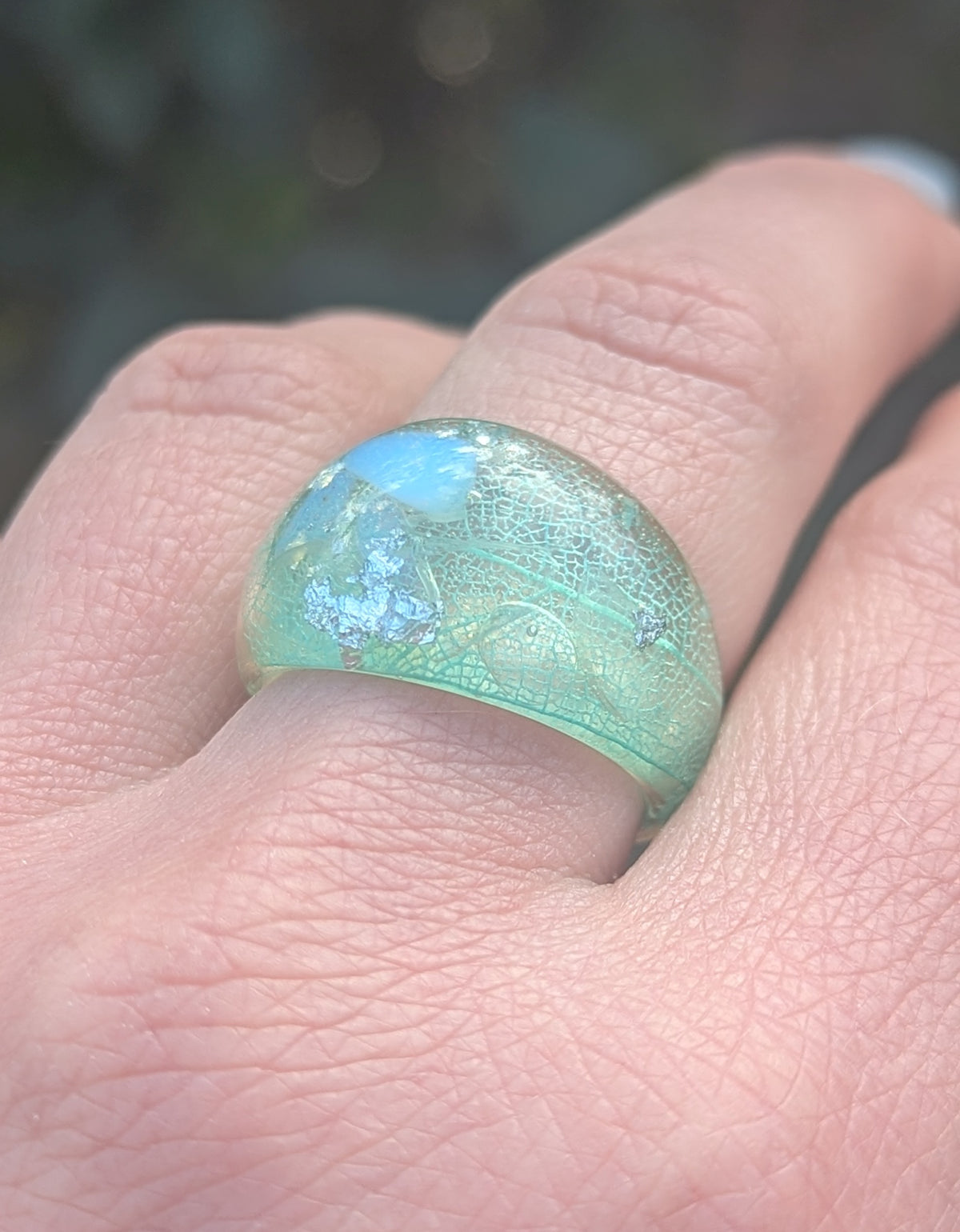 Elegant blue resin ring with silver flakes and aquamarine by EL-Creations