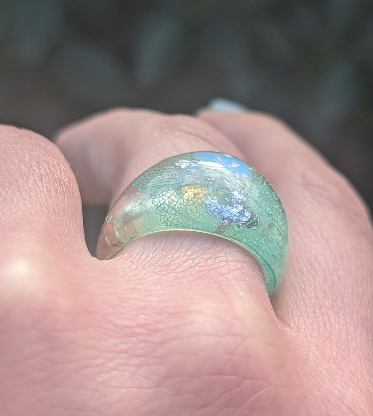 Nature inspired aquamarine jewelry with preserved leaf by EL-Creations