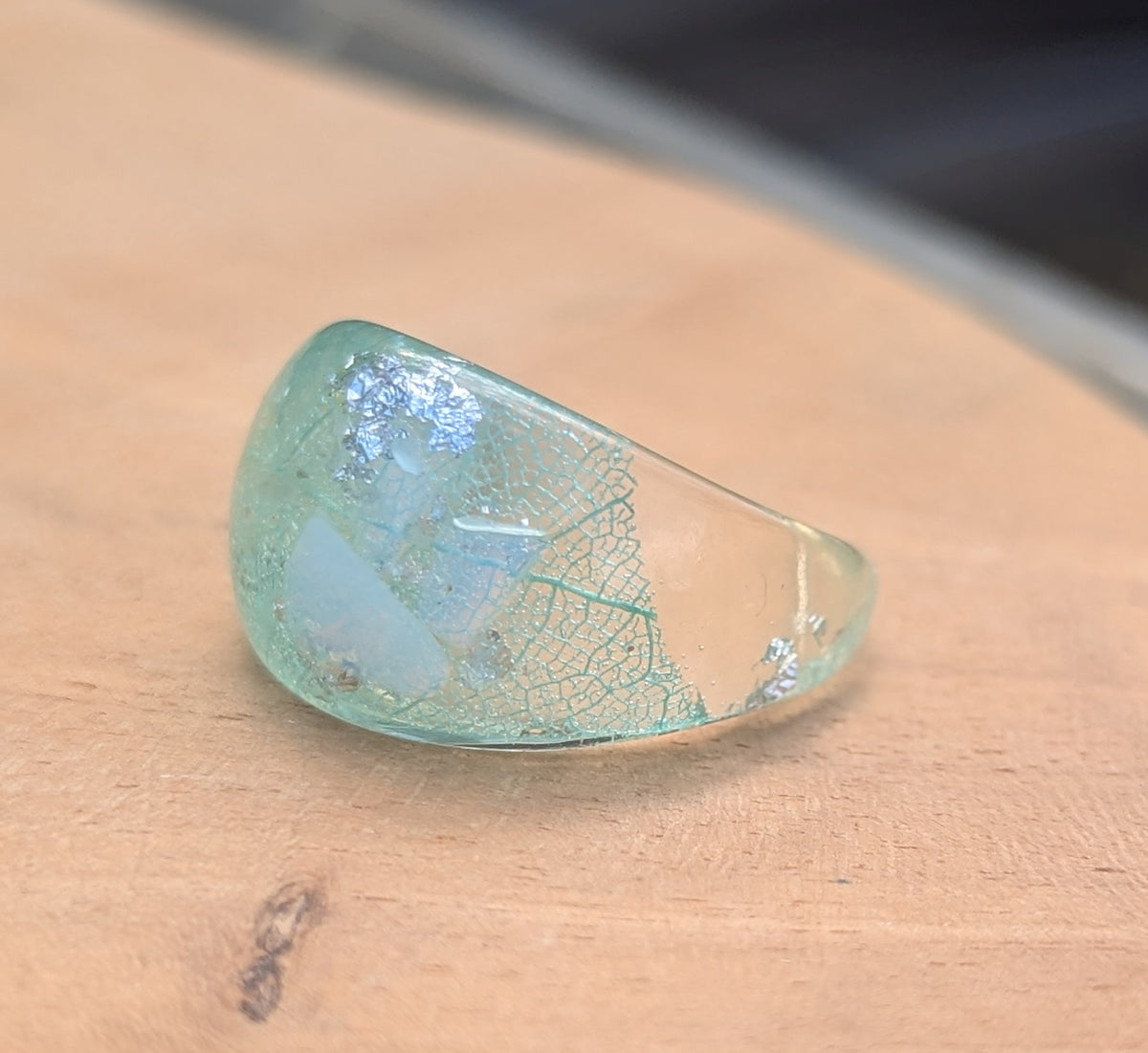 Natural aquamarine crystal resin ring with botanical leaf by EL-Creations
