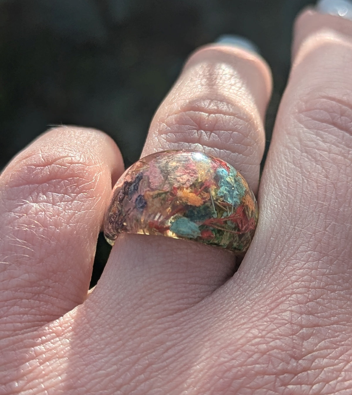 Unique handmade rainbow flower jewelry in clear resin by EL-Creations