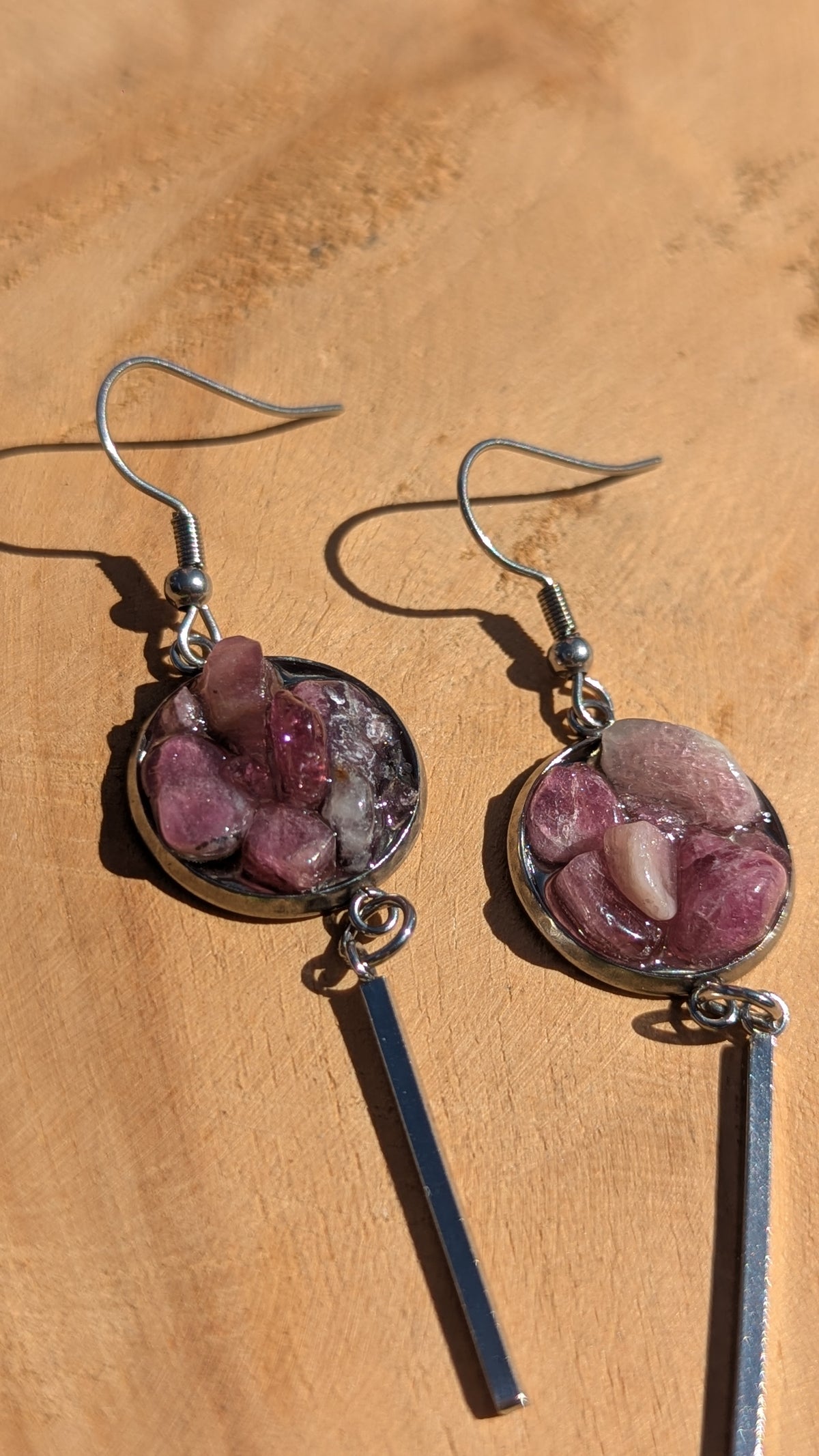 Natural pink tourmaline chip resin bar earrings on wooden surface, unique gemstone jewelry EL Creations