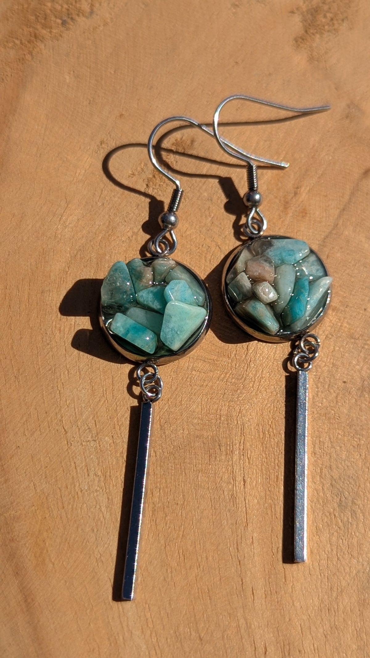 Natural amazonite chip resin bar earrings on wooden surface, handmade gemstone jewelry EL Creations