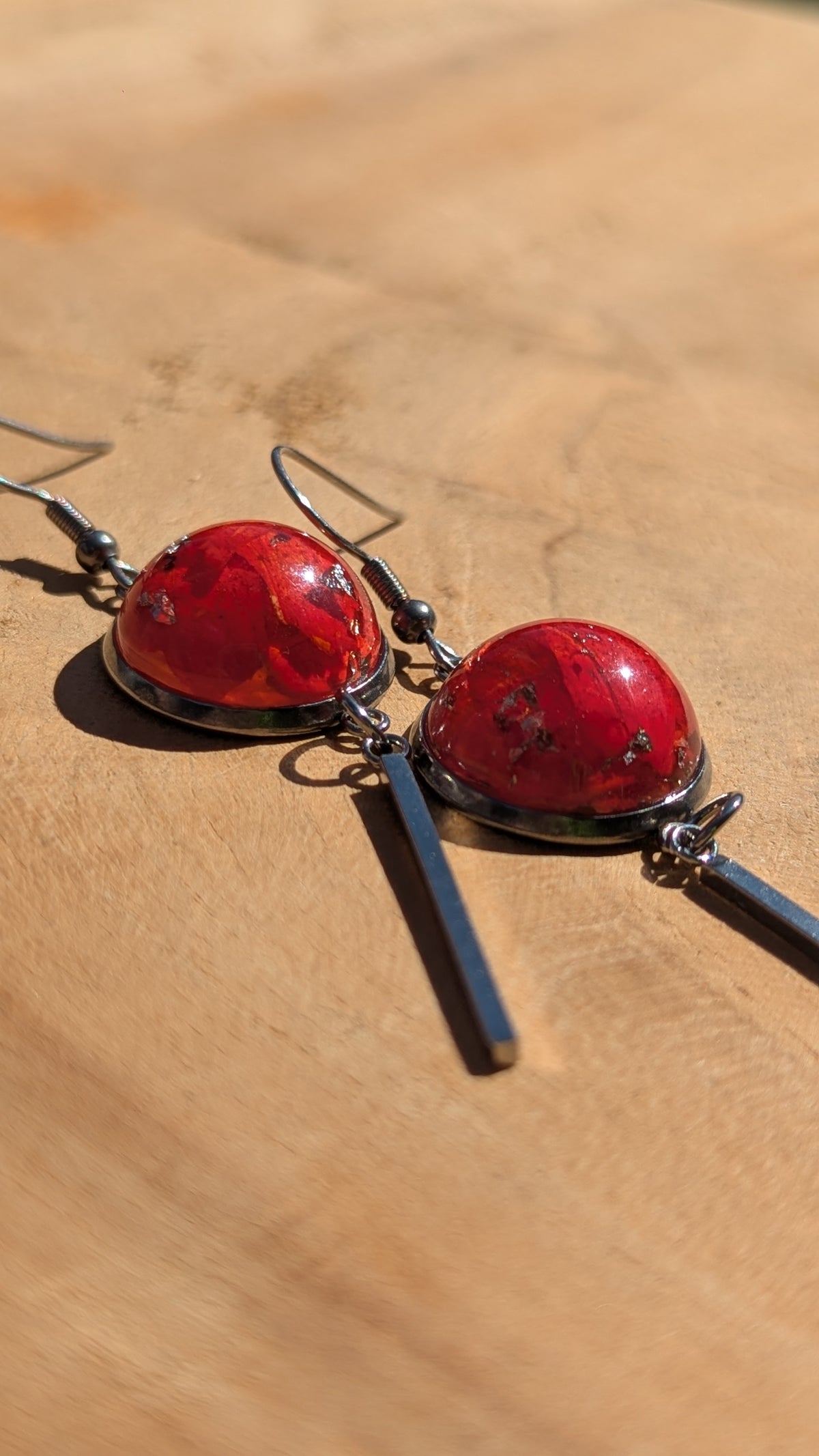 Real red pressed leaf resin bar earrings on wooden surface, autumn botanical jewelry EL Creations