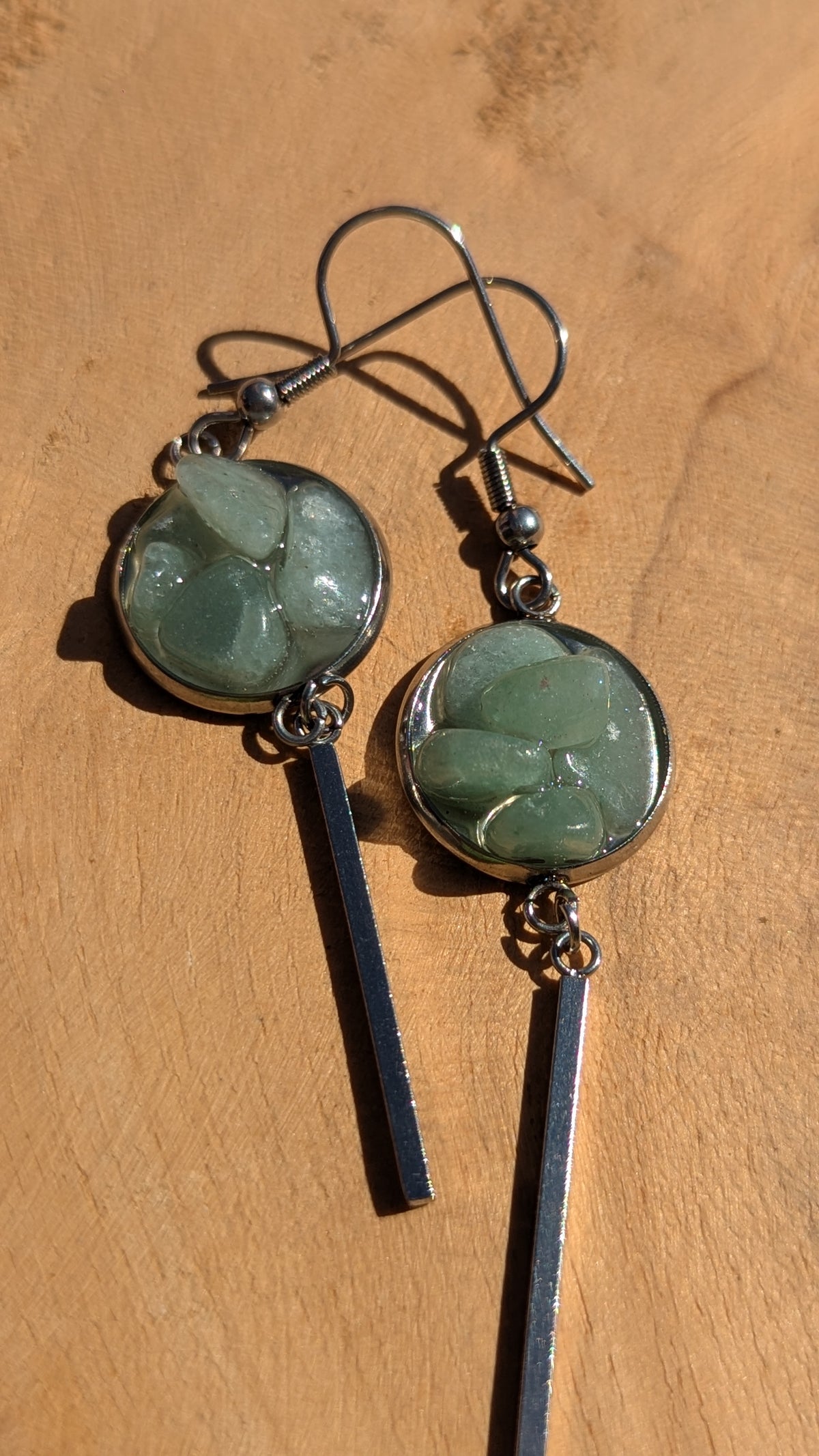 Natural green aventurine chip resin bar earrings on wooden surface, handmade gemstone jewelry EL Creations