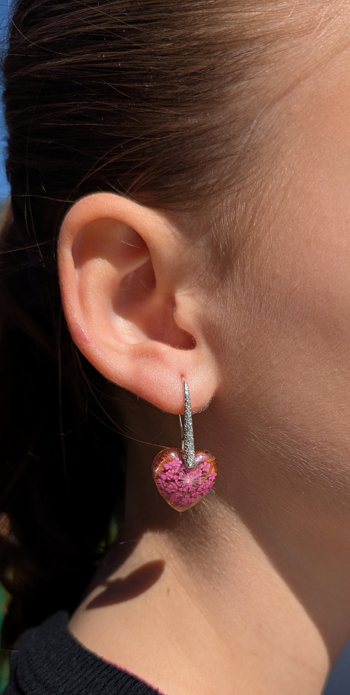 Real purple flower heart earrings 18mm with sterling silver hooks, EL Creations