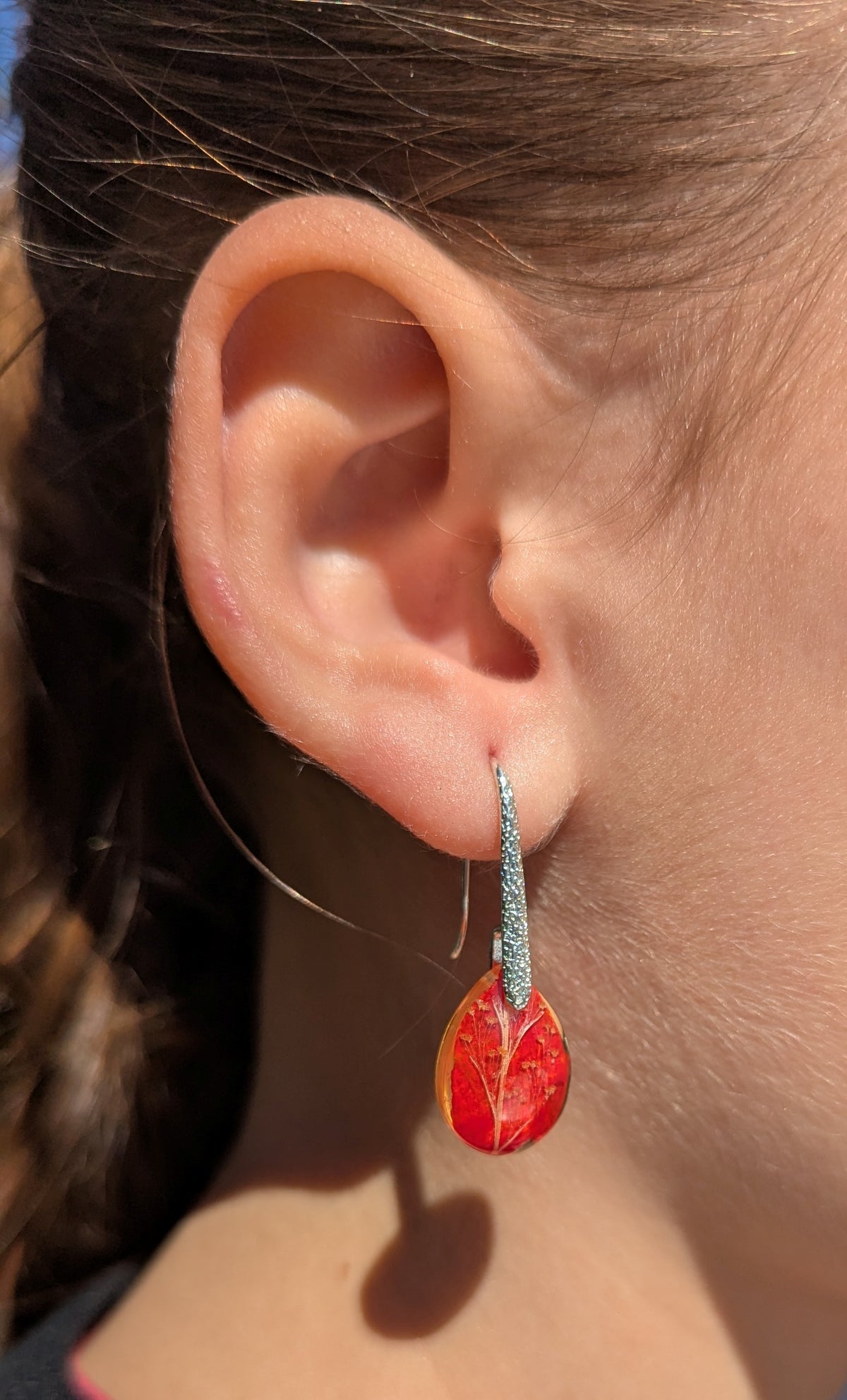 Close-up of real red flowers and leaves inside clear resin earrings, unique gift for her, EL Creations