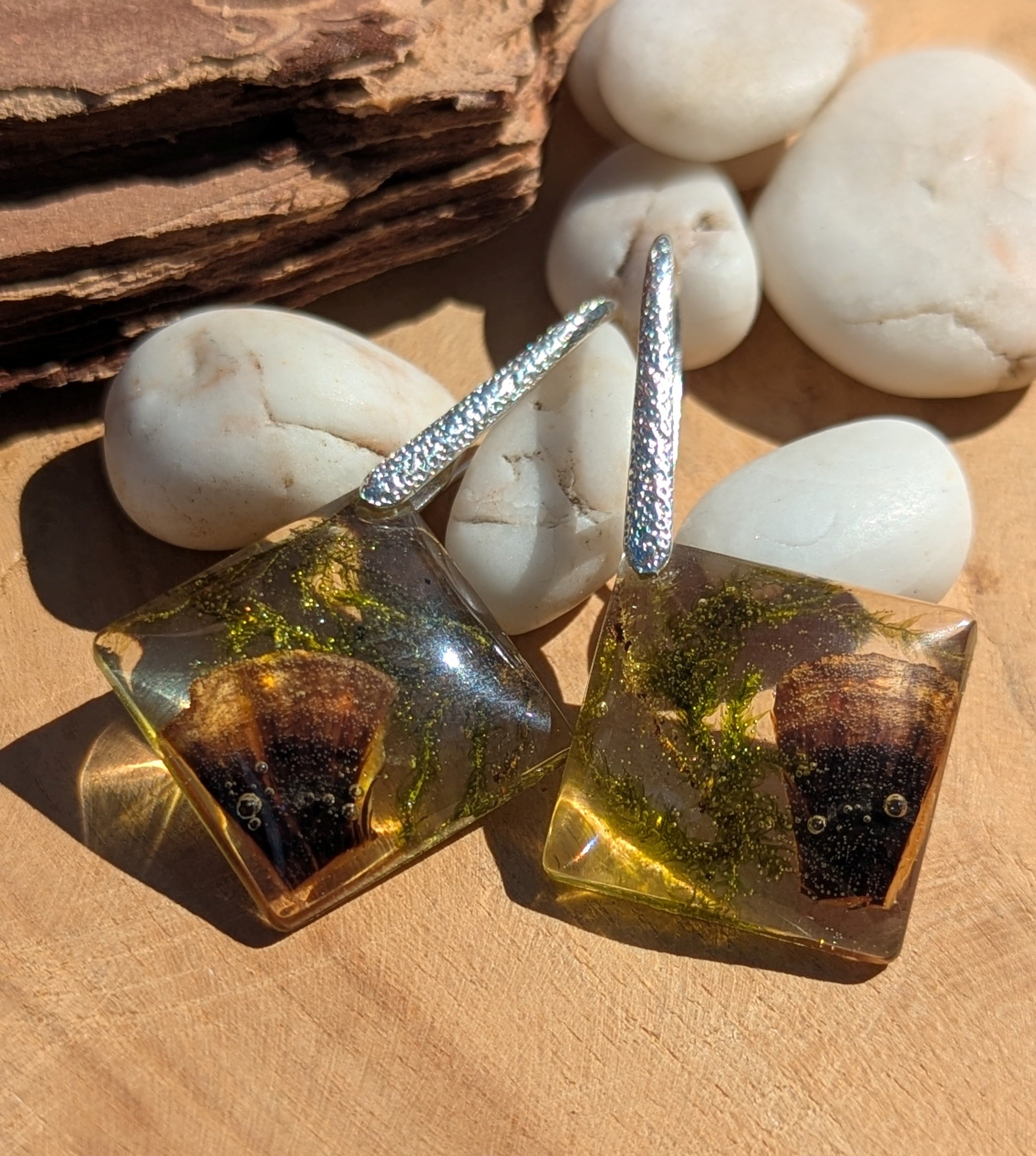 Boucles d'oreilles en mousse et champignons naturels de la forêt, bijoux en mousse, bijoux naturels de la forêt