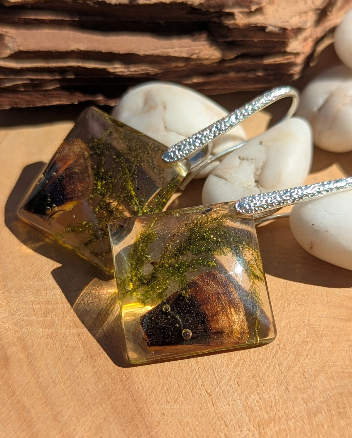Natural forest moss mushroom resin earrings 2x2cm on wooden surface, EL Creations