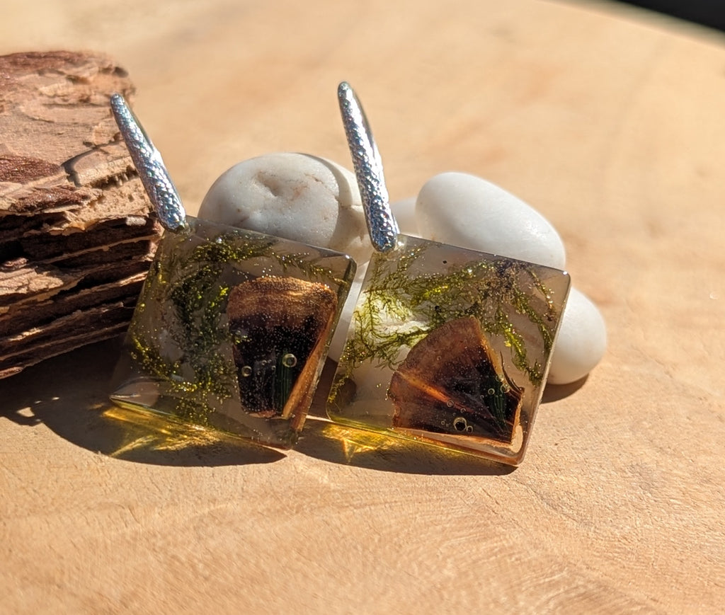 Boucles d'oreilles en mousse et champignons naturels de la forêt, bijoux en mousse, bijoux naturels de la forêt