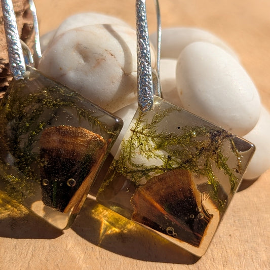 Handmade square resin earrings with real forest moss and mushrooms, sterling silver hooks, EL Creations Belgium