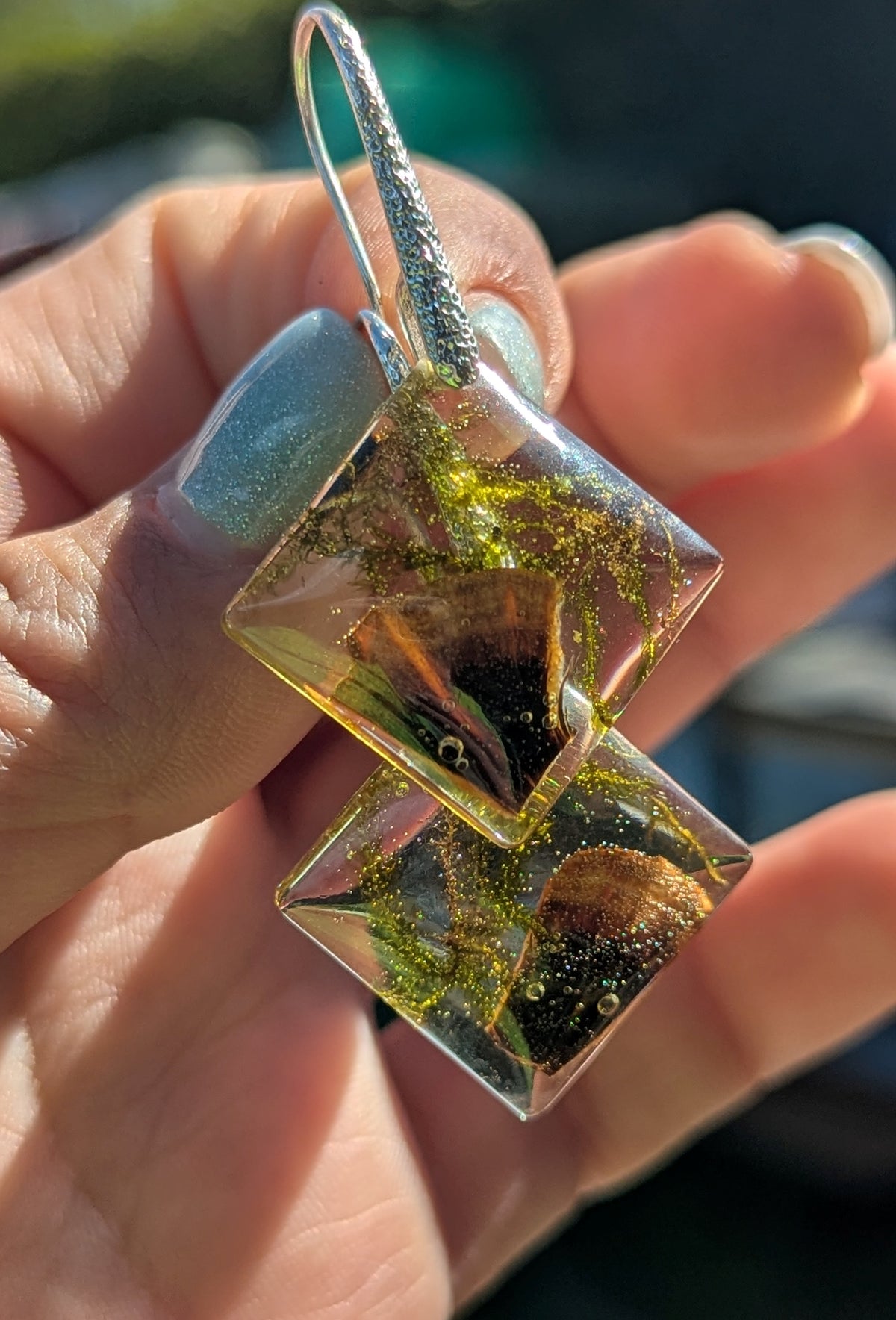 Real moss and mushroom resin square earrings top view, forest nature jewelry Belgium