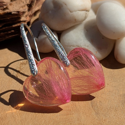Handmade pink heart-shaped resin earrings with real pink pressed flowers, sterling silver hooks, EL Creations Belgium
