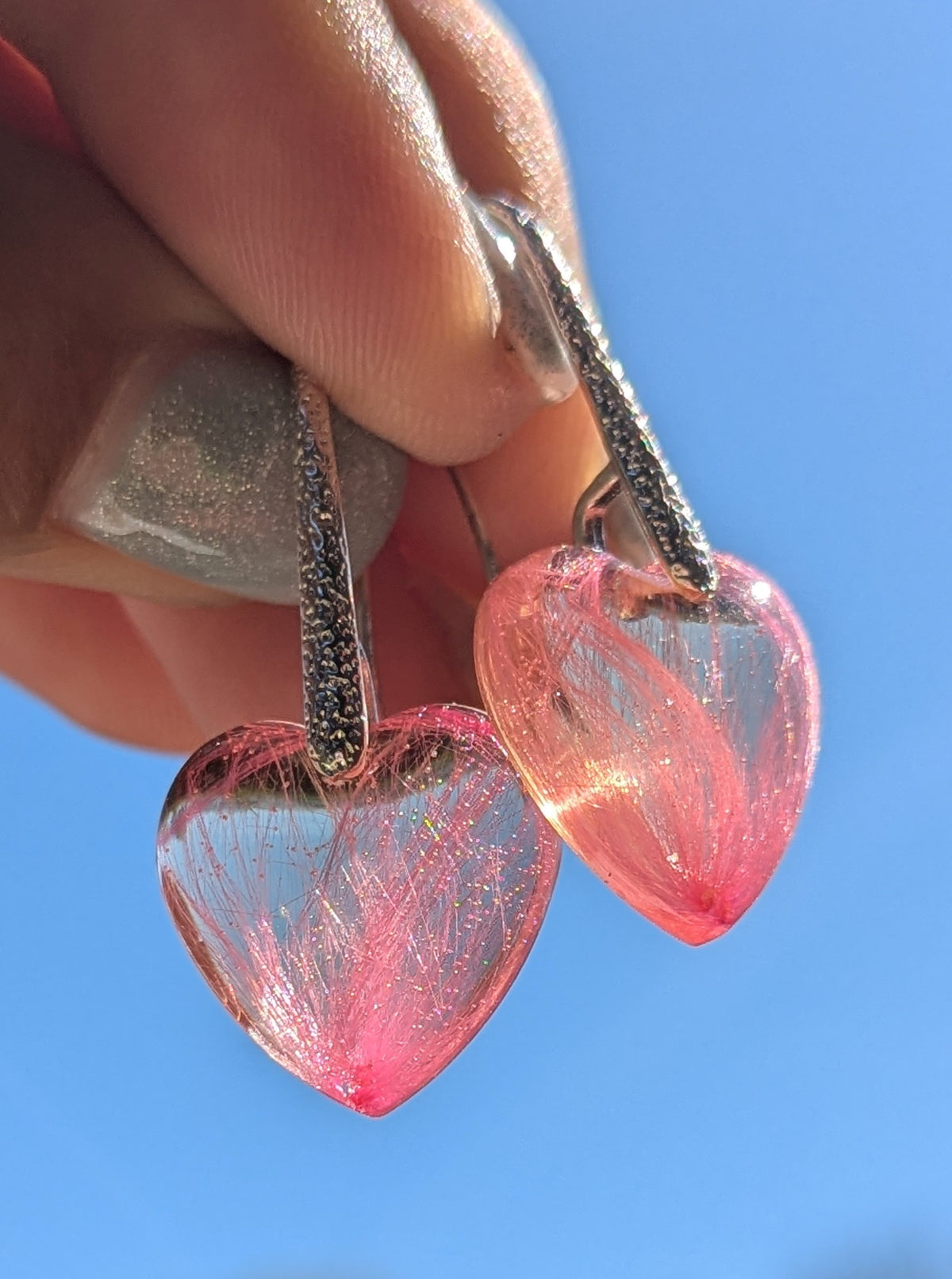 Pink botanical heart resin earrings 20mm on stone surface, unique flower jewelry EL Creations