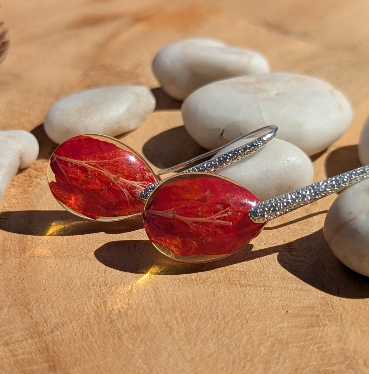 Real red flowers and leaves preserved in clear resin drop earrings, botanical jewelry Belgium