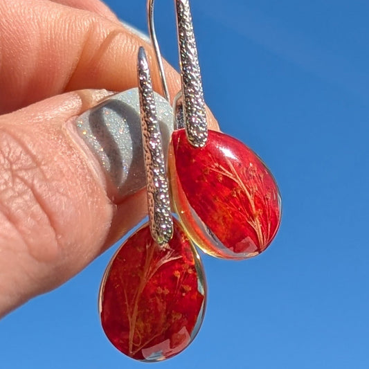 Handmade red flower and leaf resin drop earrings with sterling silver hooks, EL Creations Belgium