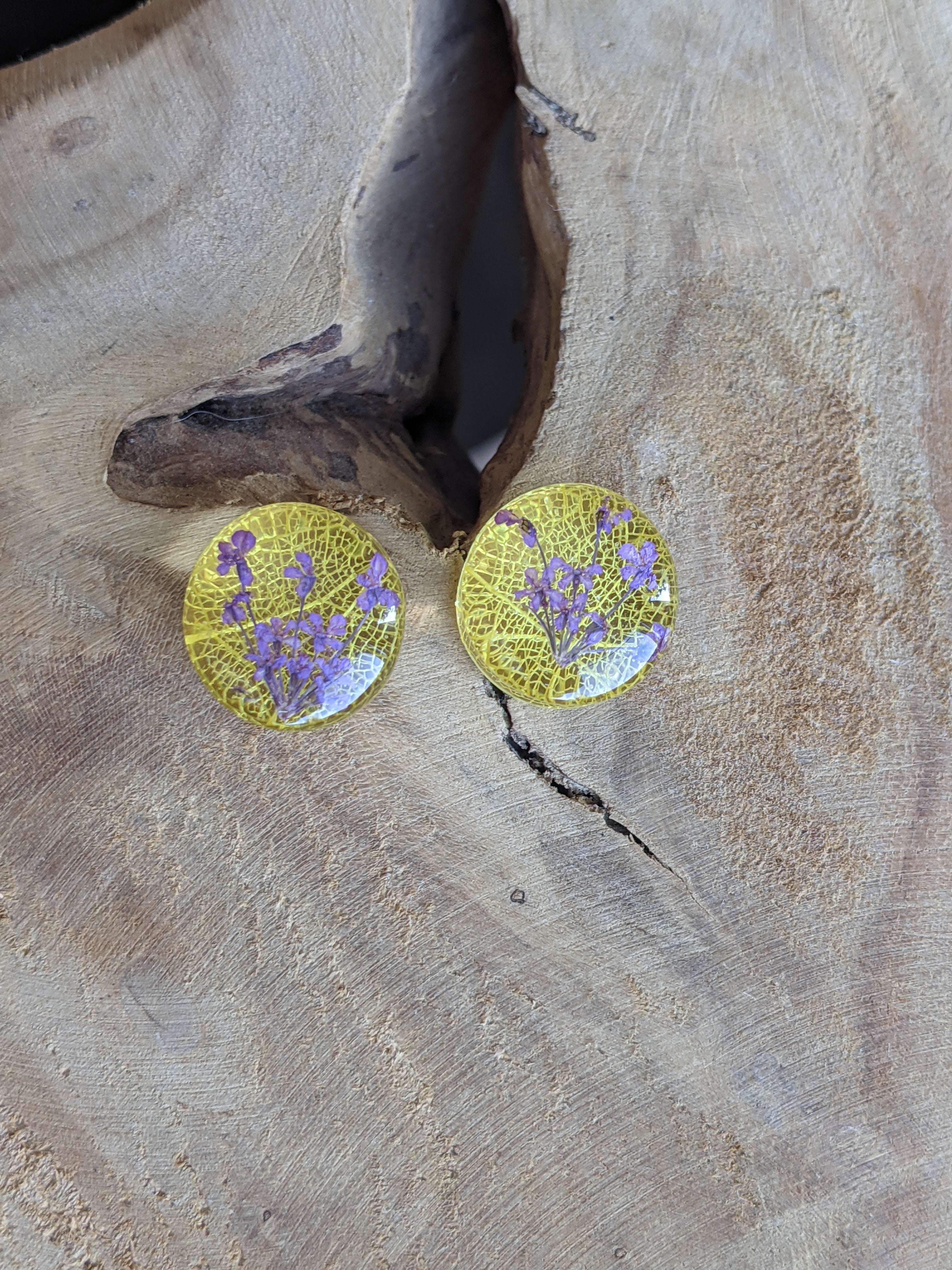 Boucles d'oreilles clous en résine avec fleur de feuille squelette jaune