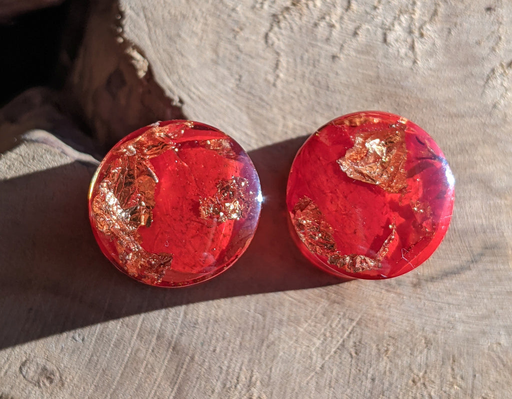 Red Tulip Leaf Copper Resin Plug Earrings