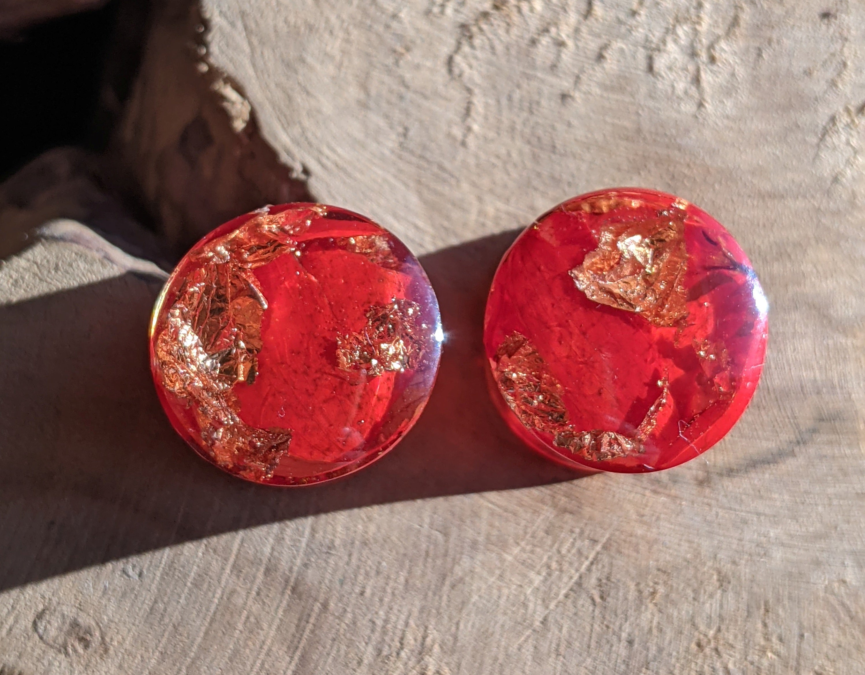 Red Tulip Leaf Copper Resin Plug Earrings