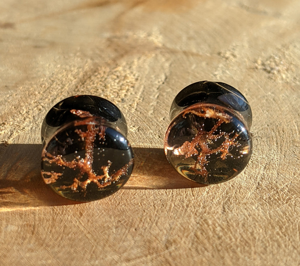 Handmade obsidian gemstone ear gauges with moss and copper details EL-Creations