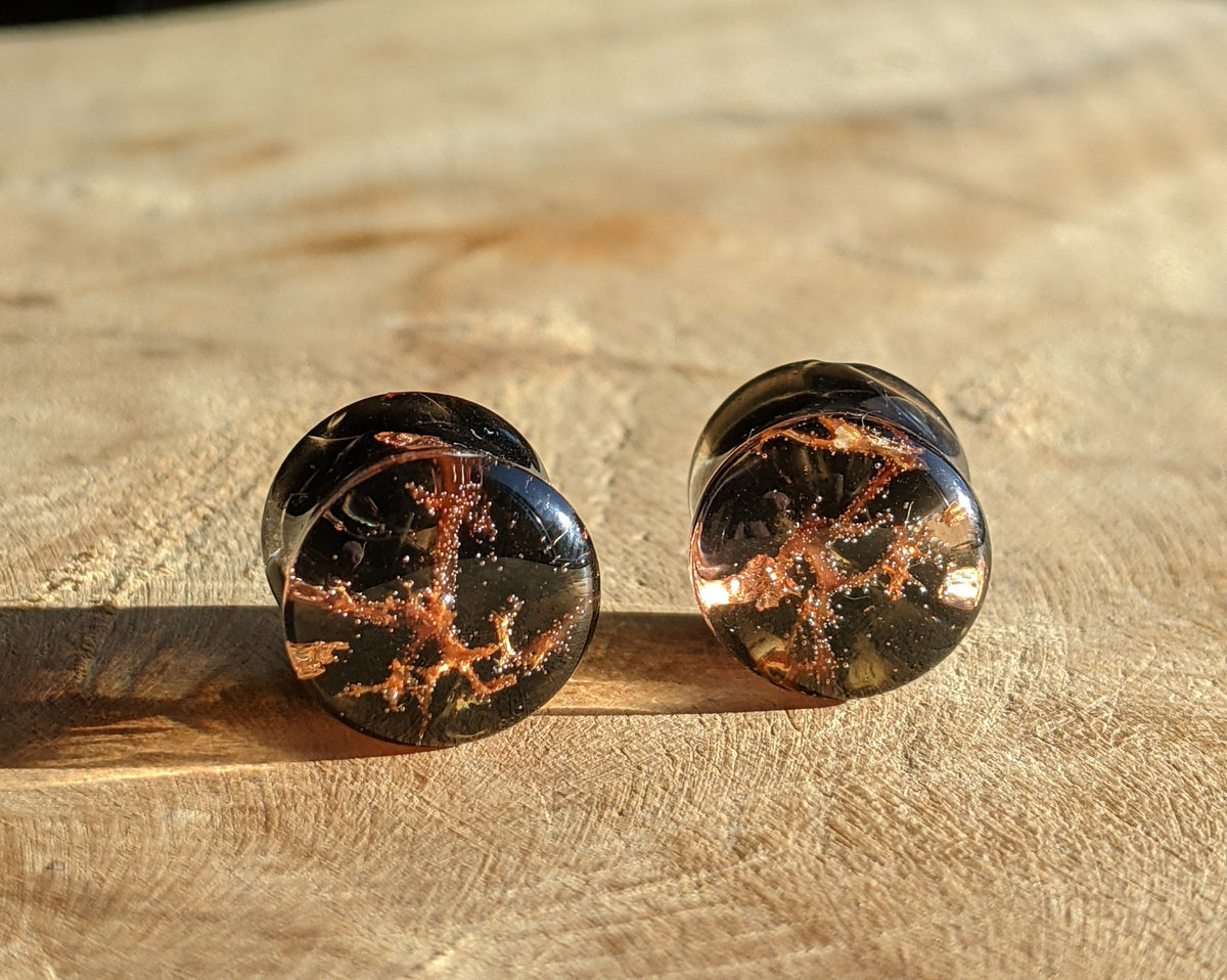 Forest inspired resin ear plugs with real moss and obsidian stone EL-Creations
