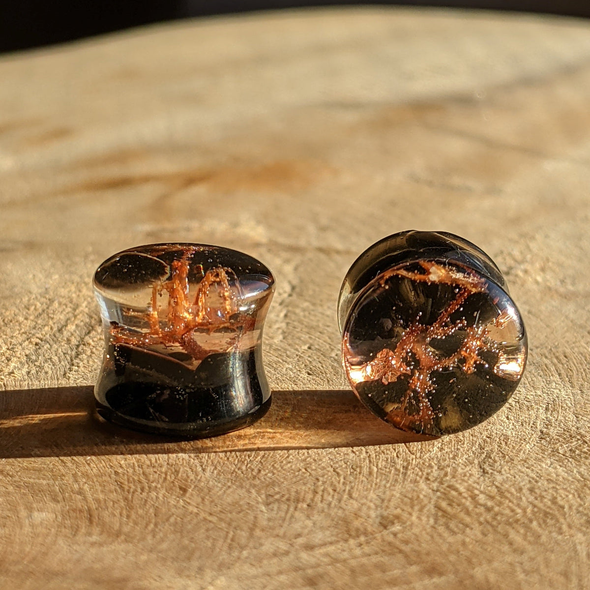 Obsidian moss copper resin ear plugs natural stone jewelry EL-Creations