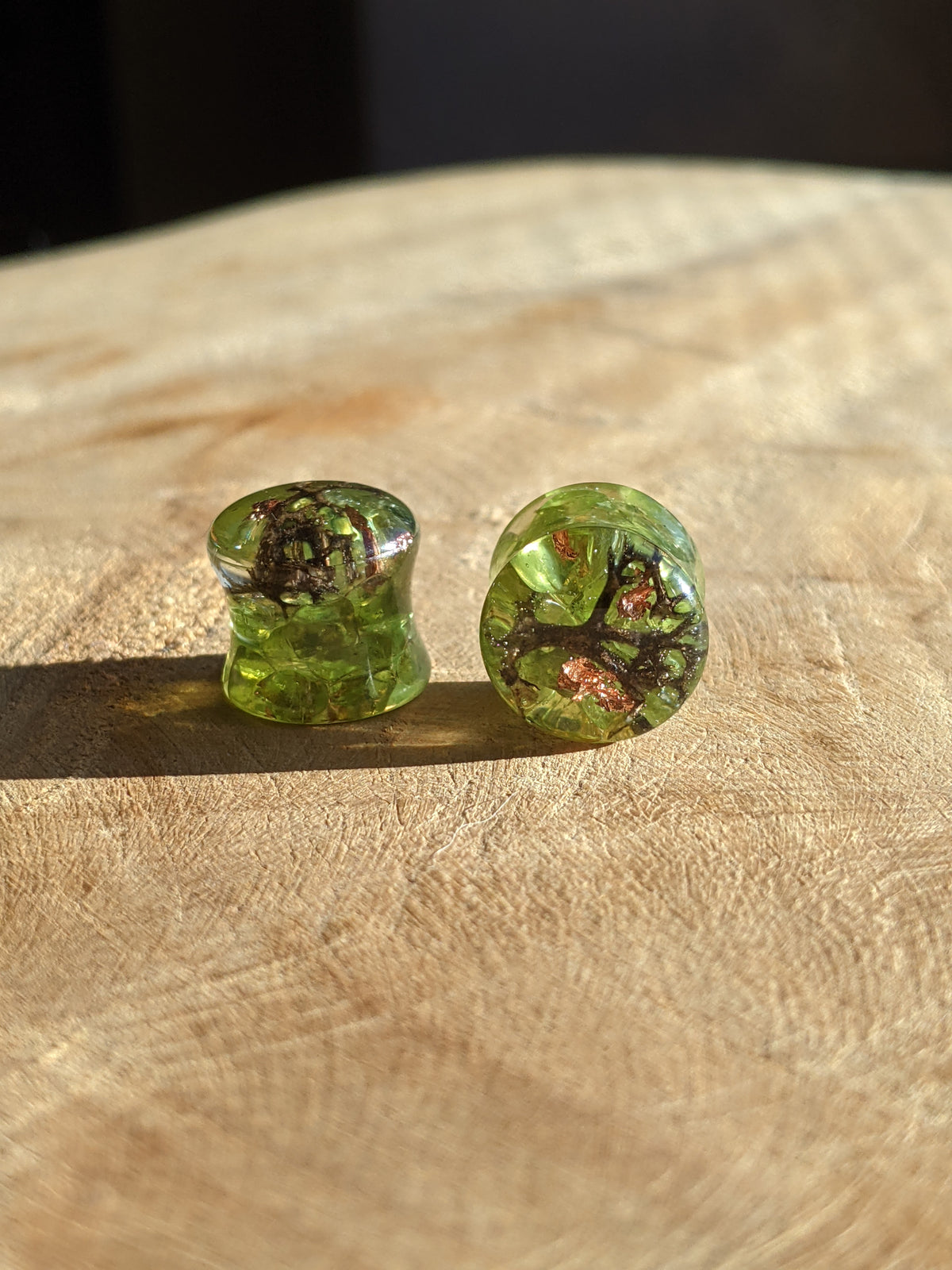 Moss resin plugs for stretched ears