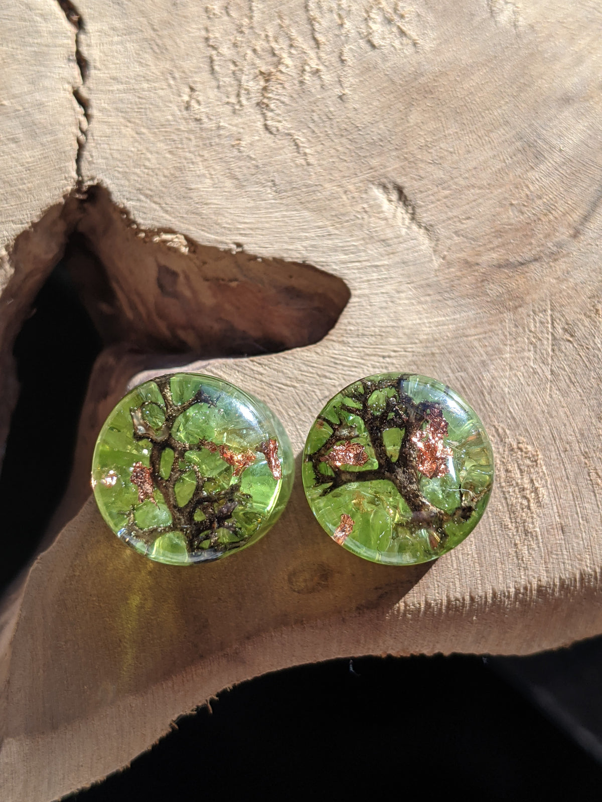 Handmade resin ear plugs with peridot and real moss EL-Creations