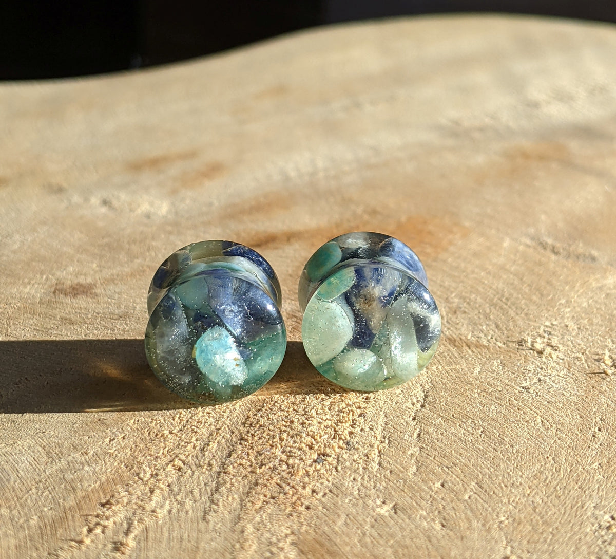 Handmade resin ear gauges with real lapis lazuli and amazonite EL-Creations