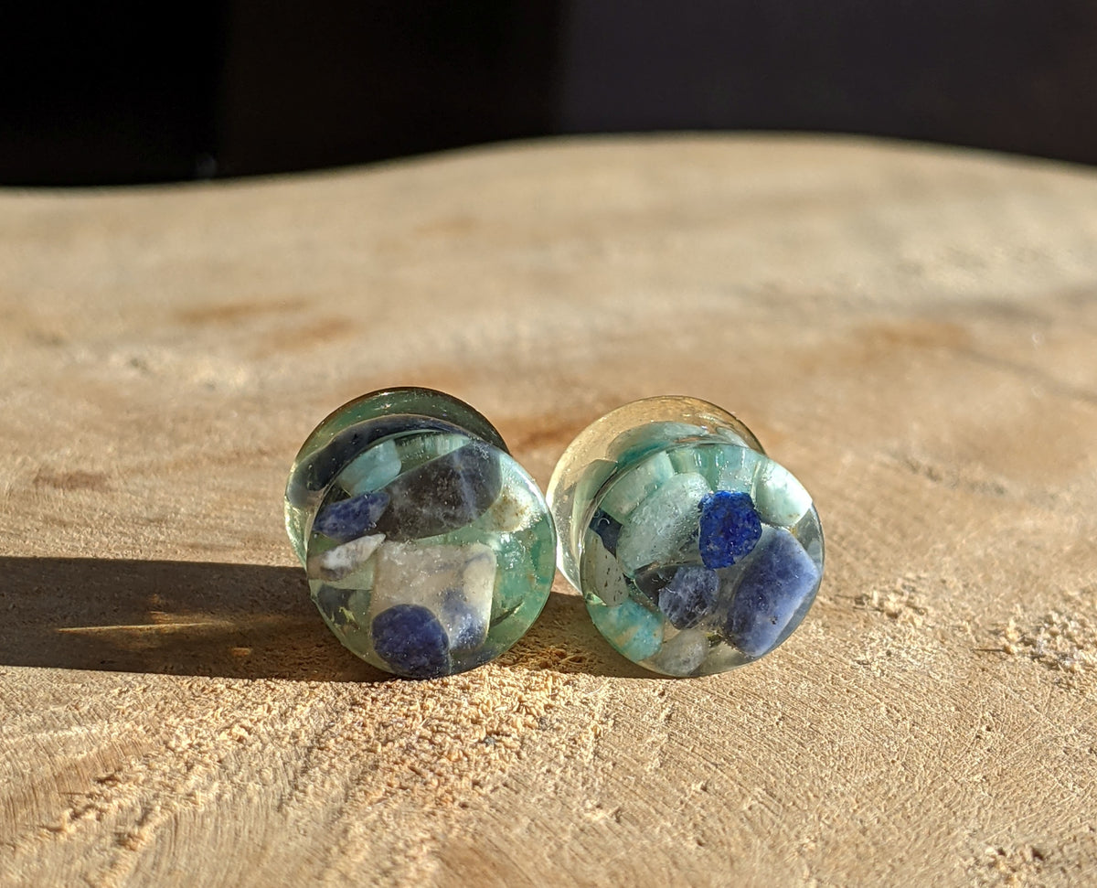 Handmade gemstone resin ear plugs with lapis lazuli and amazonite EL-Creations