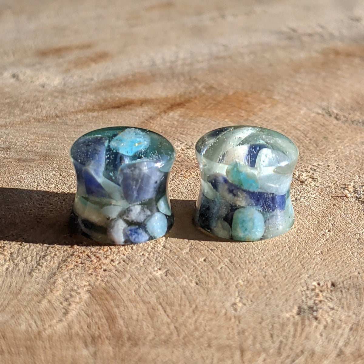 Lapis lazuli and amazonite resin ear plugs handmade gemstone jewelry EL-Creations