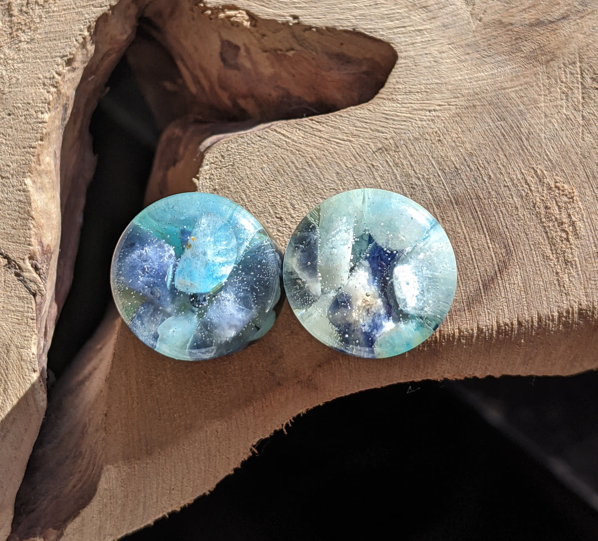 Unique resin ear gauges featuring real lapis lazuli and amazonite stones EL-Creations