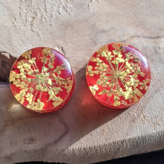 Red tulip leaf and yellow flower petals resin ear plugs EL-Creations