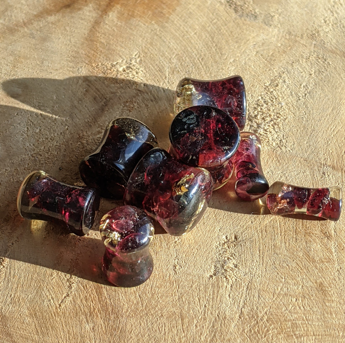 Garnet resin ear gauges with natural gemstone detail EL-Creations