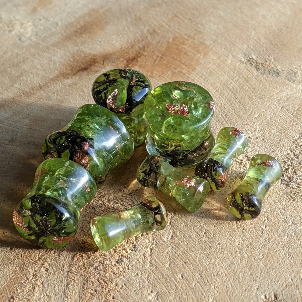 Peridot moss resin ear plugs with copper flakes EL-Creations