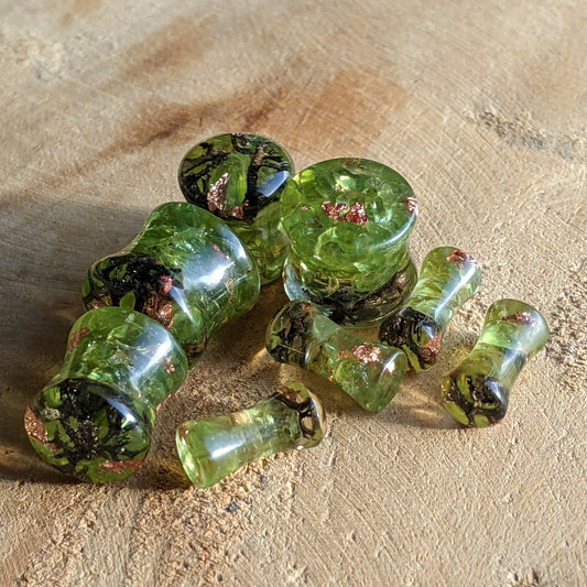 Peridot moss resin ear plugs with copper flakes EL-Creations