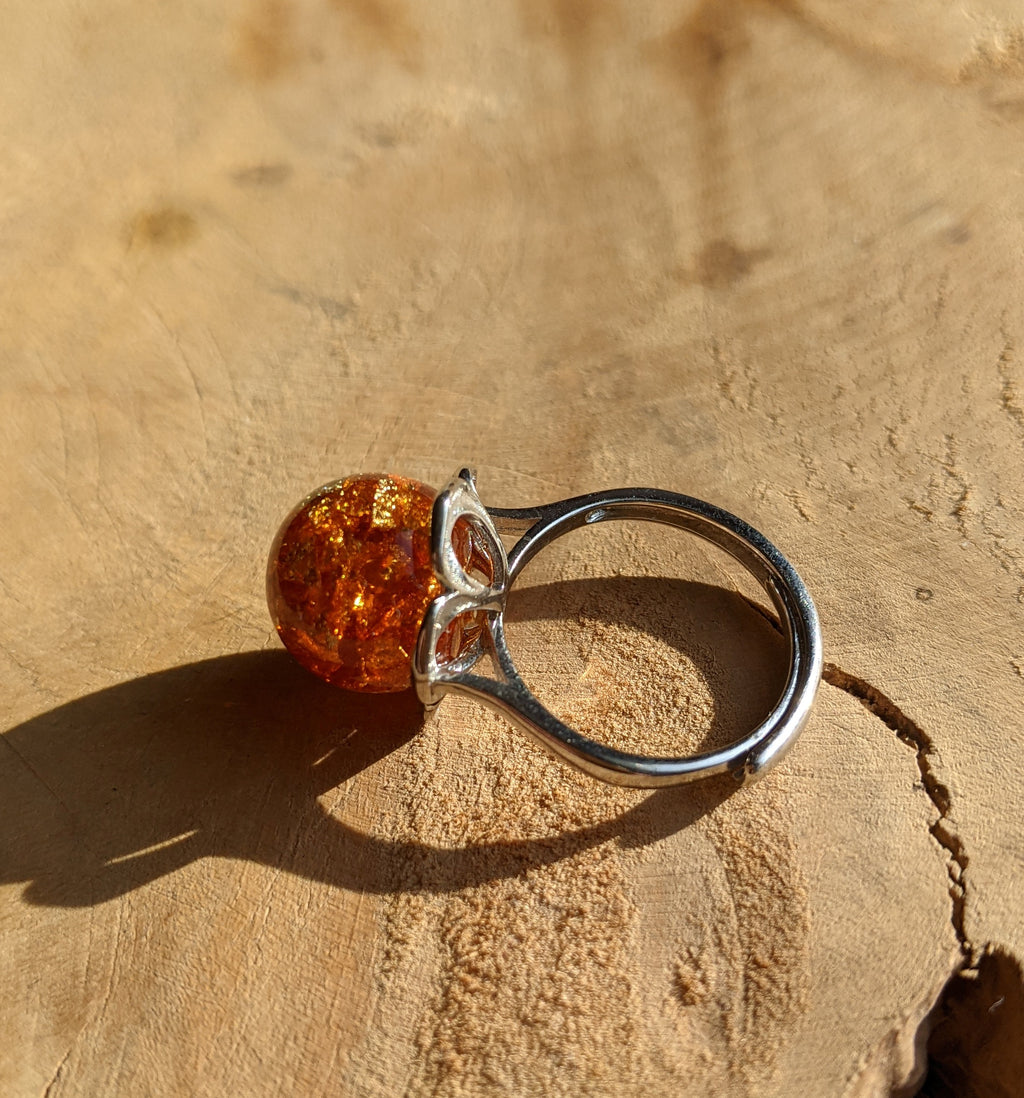 Amber ring, Resin ring, Amber color resin ring, Sterling silver ring, Ball statement ring