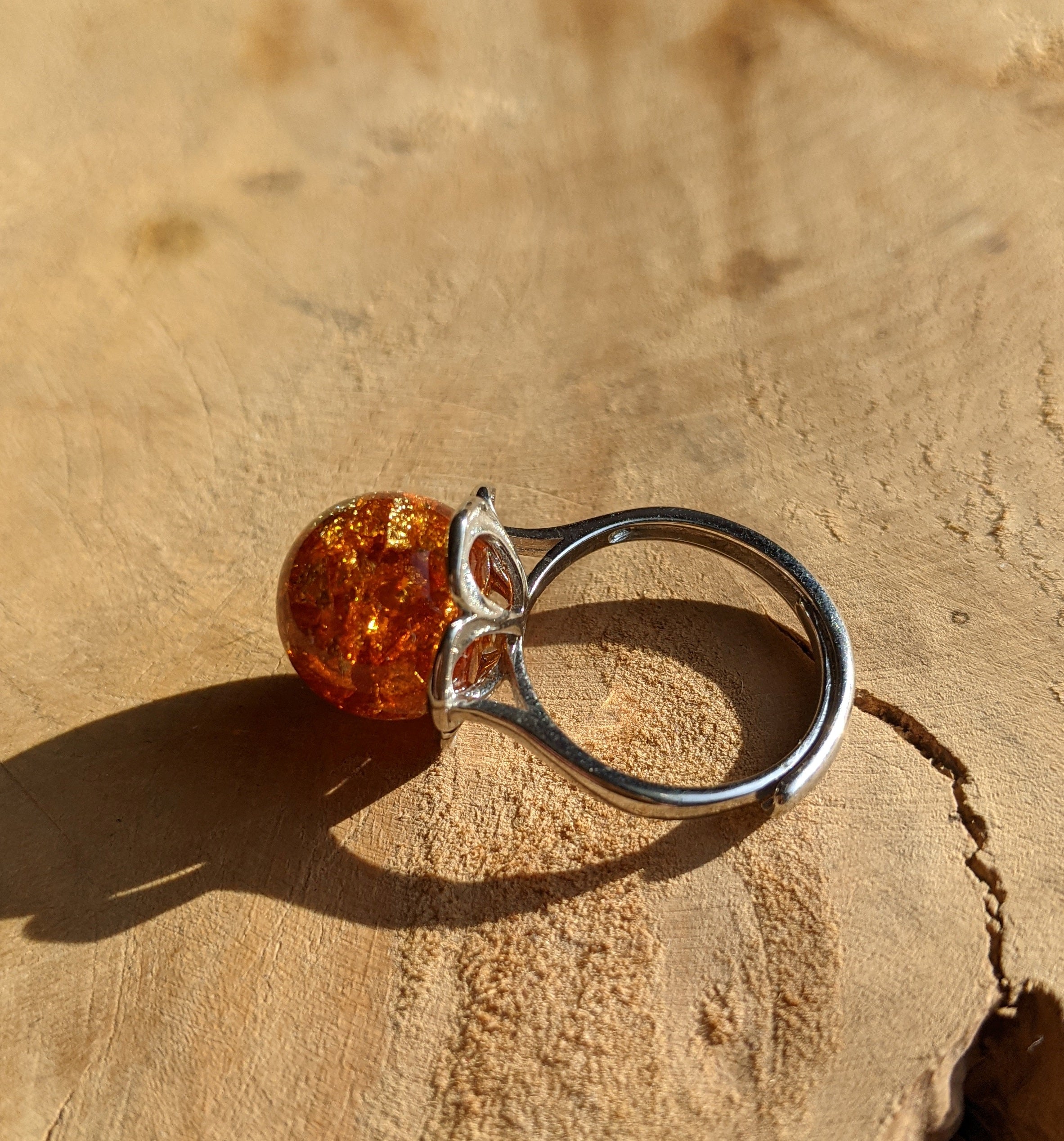 Amber ring, Resin ring, Amber color resin ring, Sterling silver ring, Ball statement ring