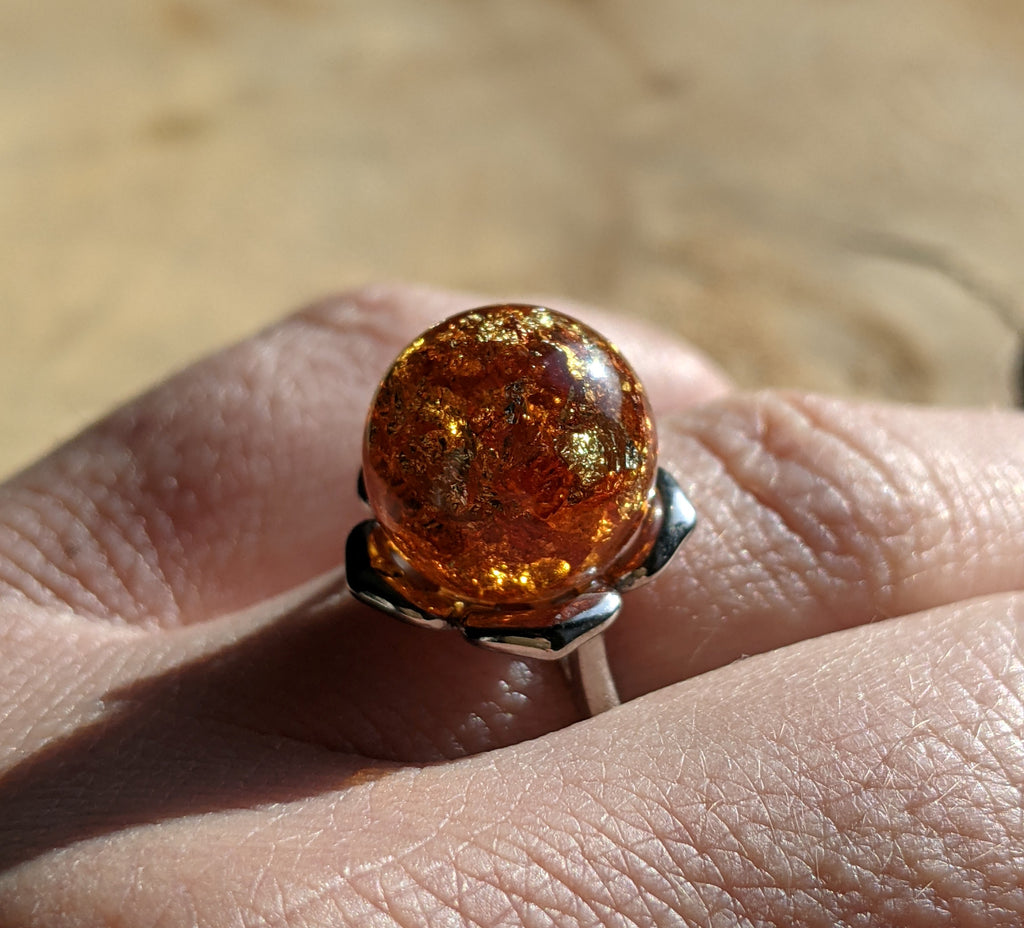 Amber ring, Resin ring, Amber color resin ring, Sterling silver ring, Ball statement ring