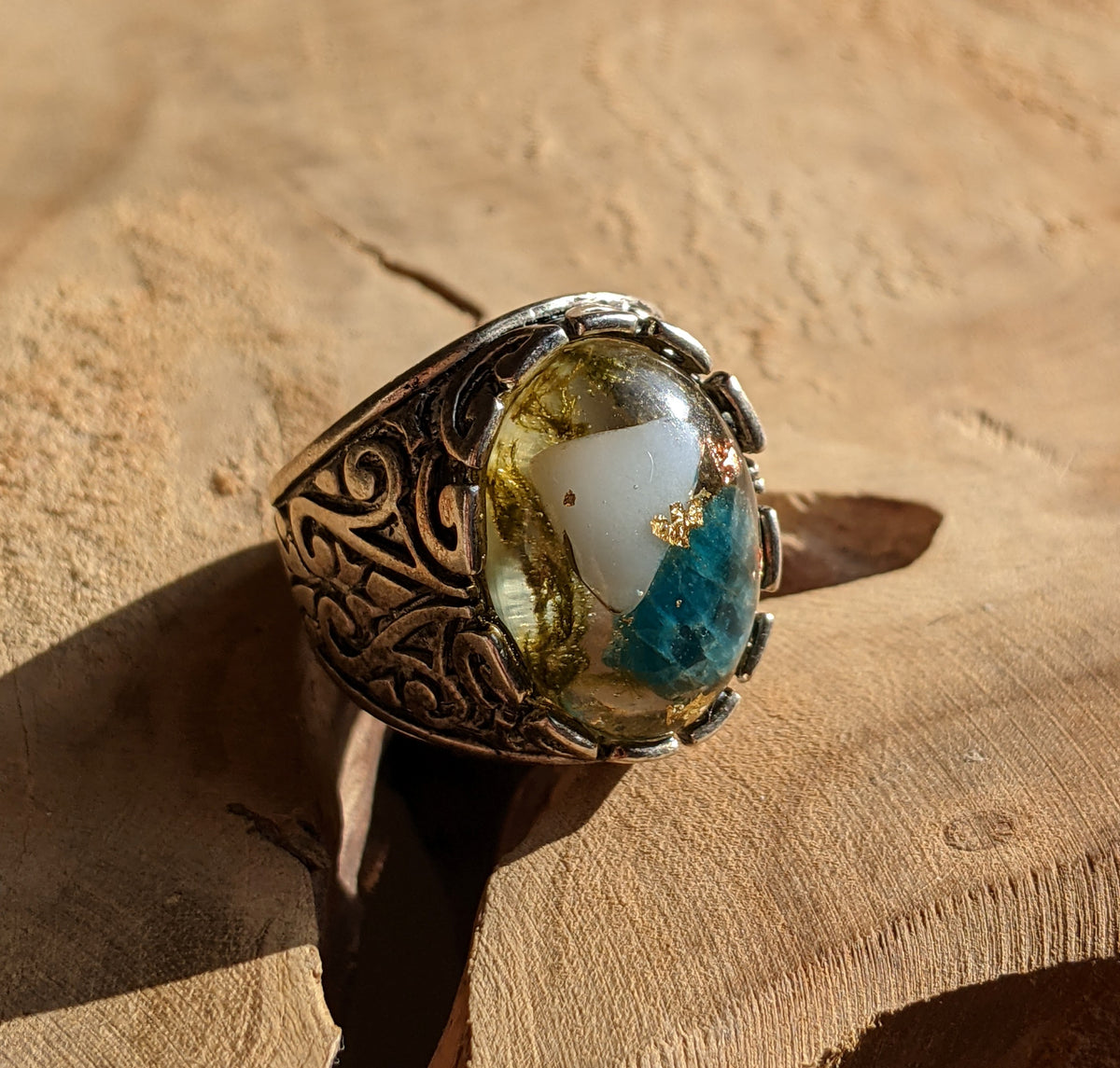 Adjustable blue tourmaline resin ring with preserved moss and gold flakes — EL-Creations