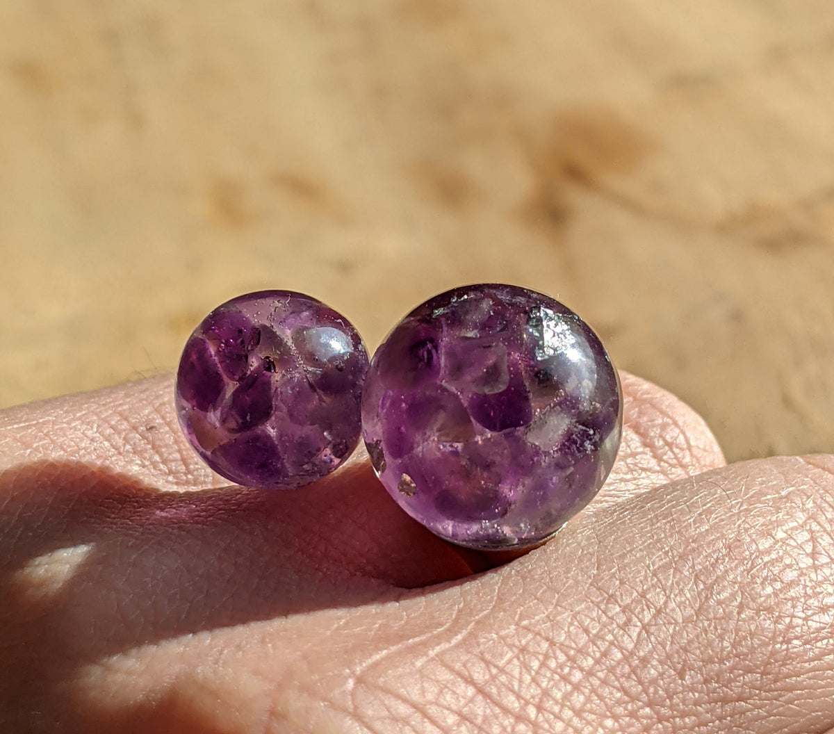 Amethyst ball ring side view – real crystal in clear resin dome, adjustable fit – EL-CreationS