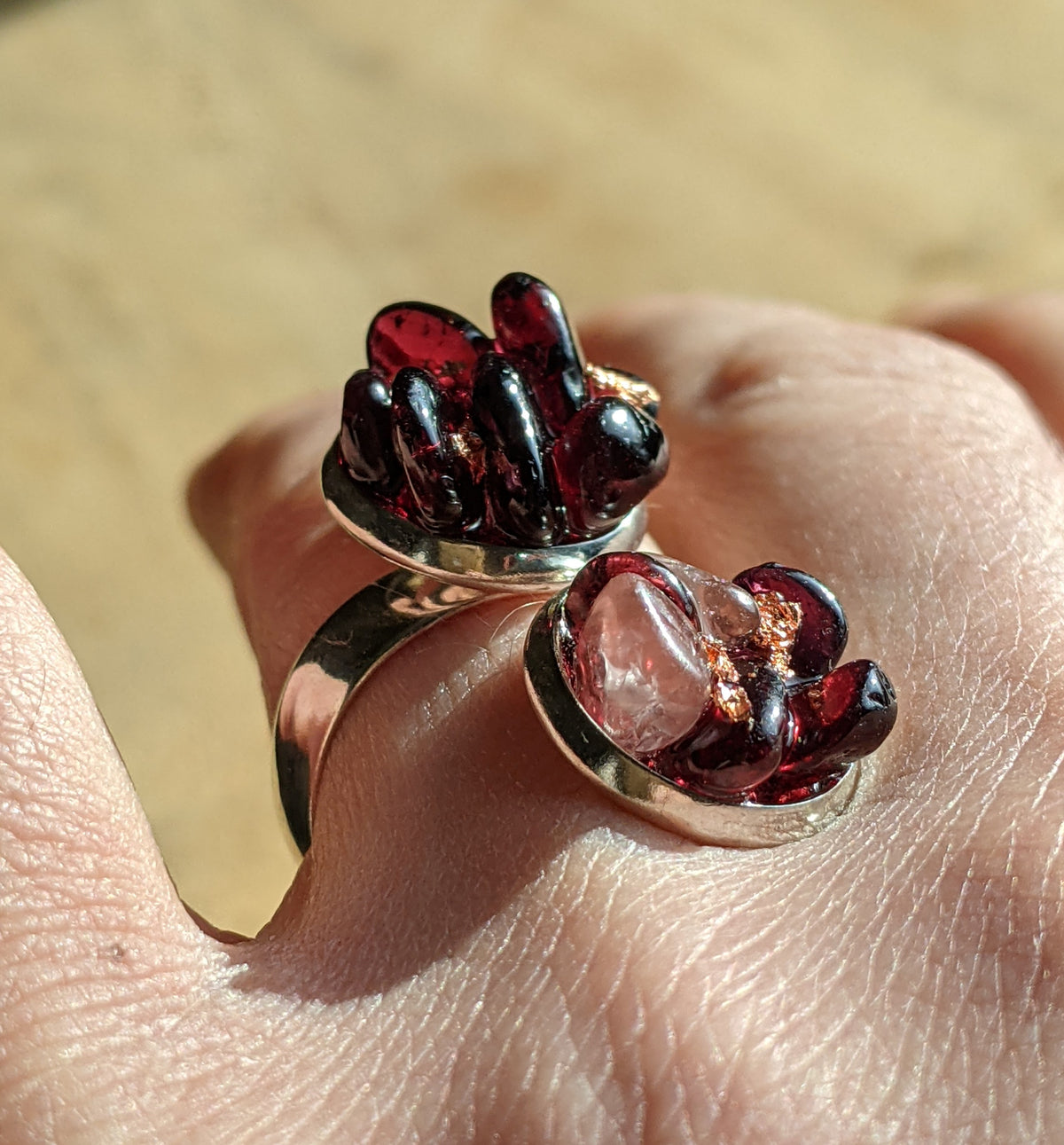 Unique gemstone resin ring with garnet and rose quartz, handmade zodiac gift for her